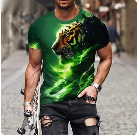 Men's black T-shirt with a detailed, raised 3D lion print on the chest.