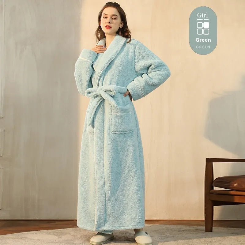 Thickened winter couple's bathrobe in Angola red flannel with European style cut and plus size options