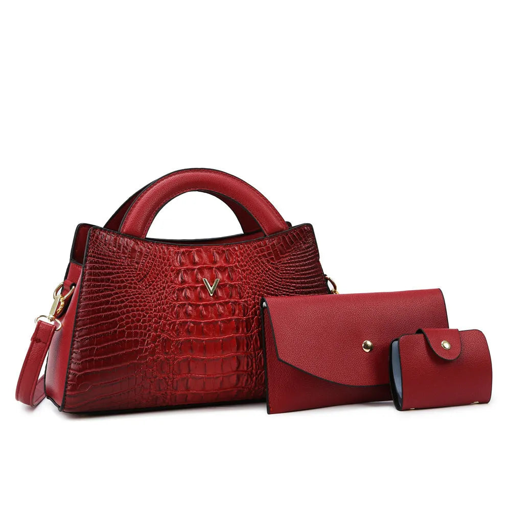 Square vertical women's crossbody handbag in crocodile-print PU leather, showing internal organiser pockets.