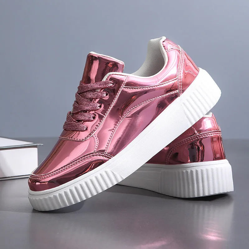 Rose gold sequinned platform sneakers with round toe and thick MD sole
