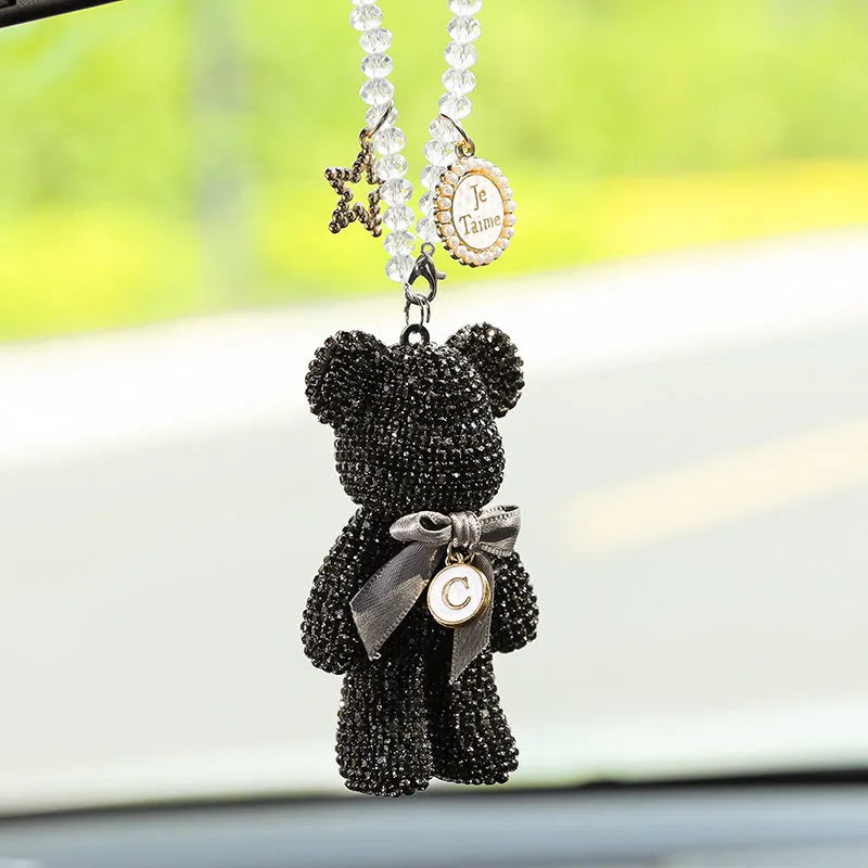 White violent bear car rearview mirror pendant with diamond rhinestones measuring 5x9cm