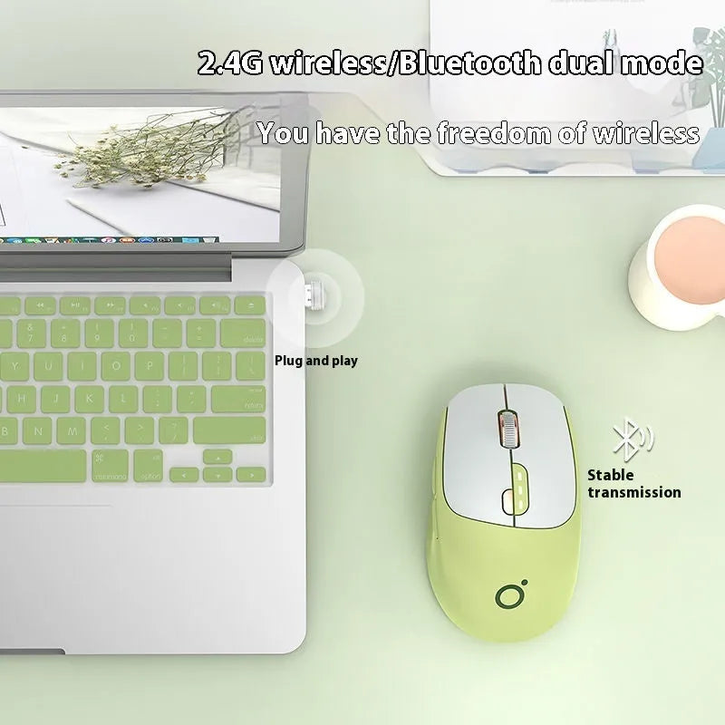Mute dual-mode wireless Bluetooth computer mouse in Matcha Green colour on a desk.