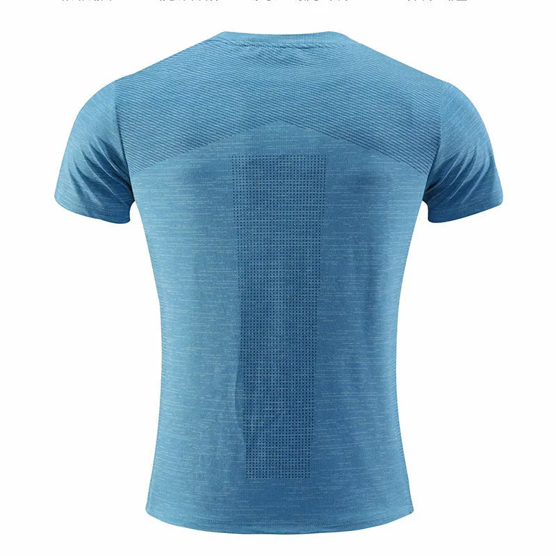 Short sleeve red sports t-shirt made from polyester spandex fabric for running and exercise.