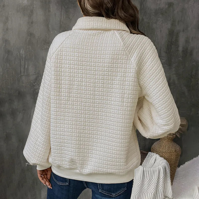 Women's beige thickened polyester sweater with a polo collar and long sleeves.
