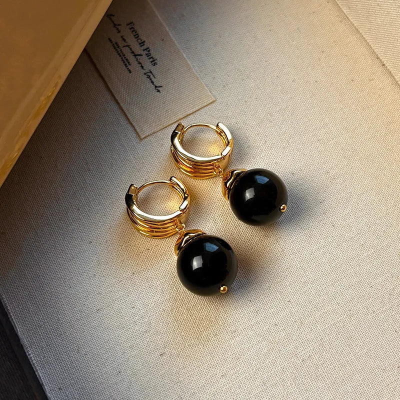 Geometric tigereye earrings with gold plating in French retro style, available in black and brown colours