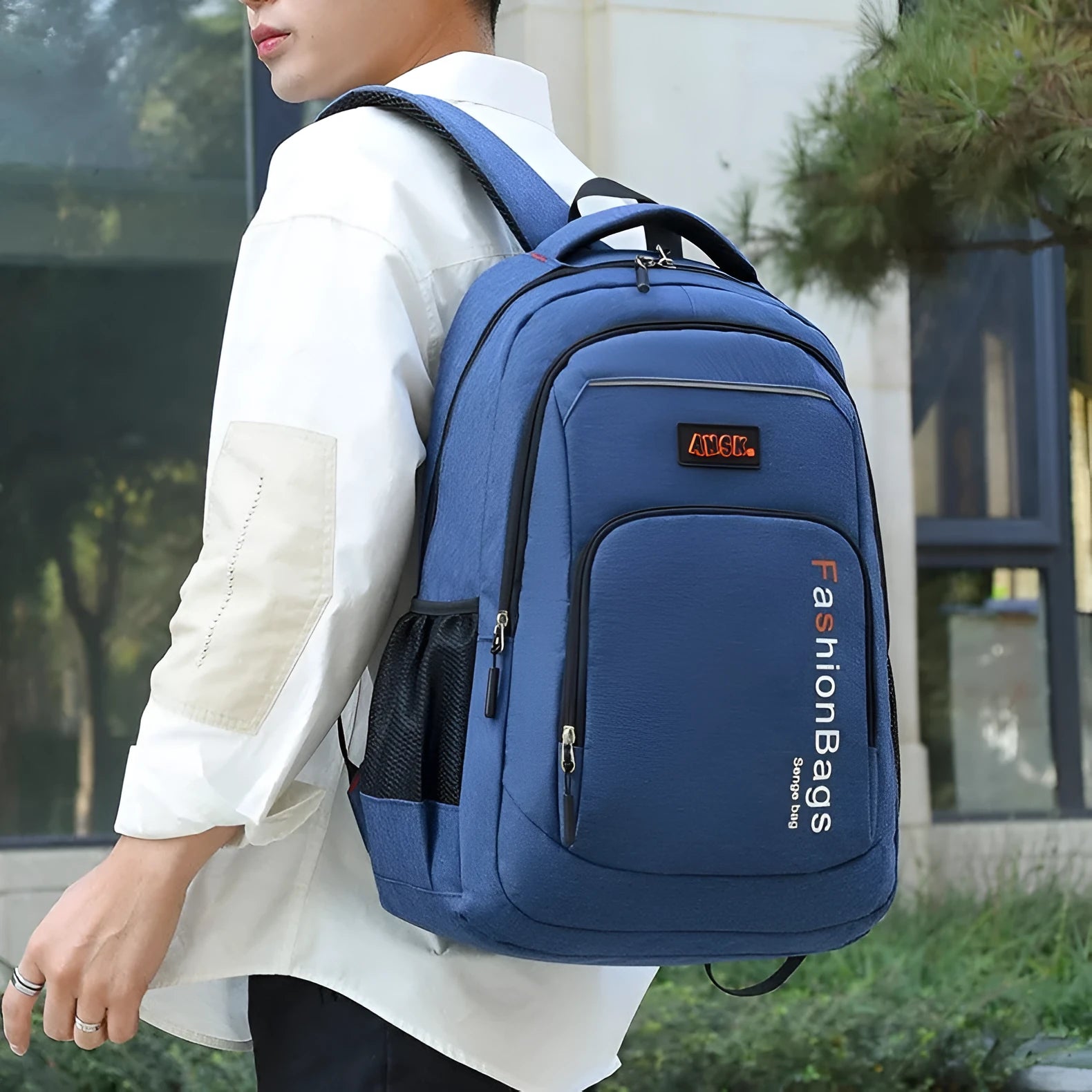 Black nylon travel backpack showing front view and open compartment with laptop sleeve.