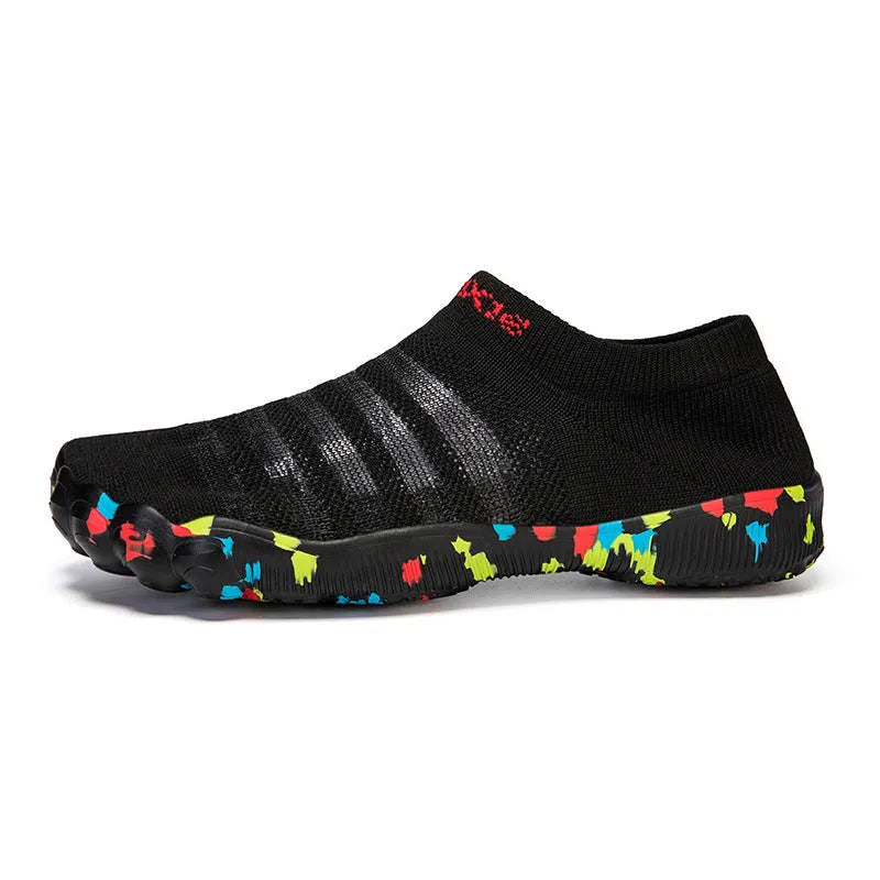 Men's and women's flyknit fishing line water shoes in camouflage colours with rubber sole and lace-up front.