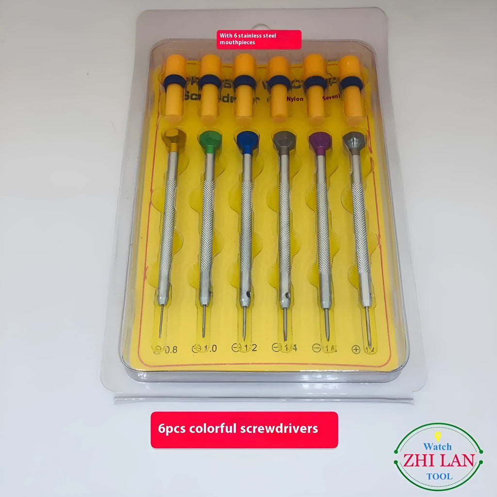 Six colour-coded watch repair screwdrivers with aluminium handles and steel cutter heads