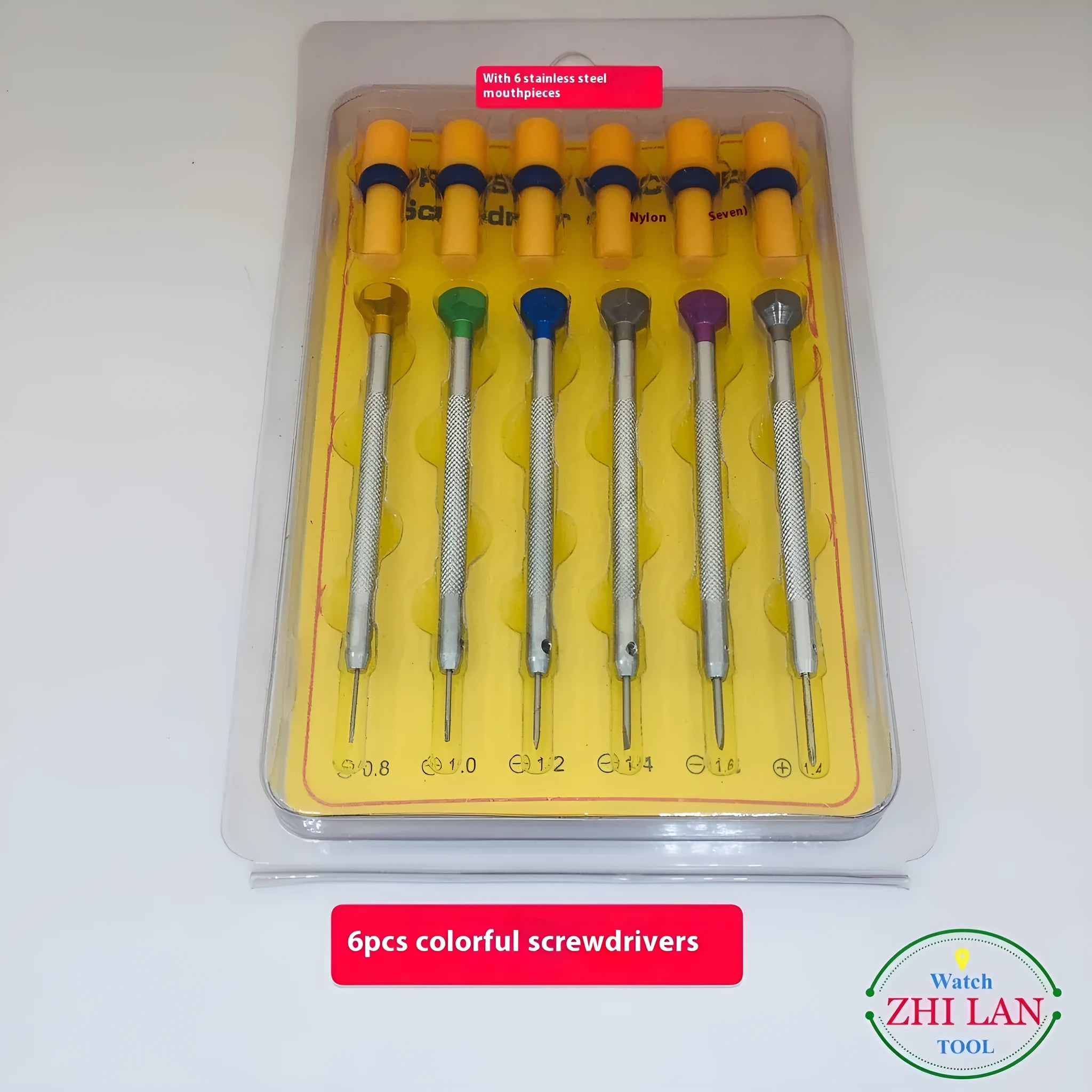 Six colour-coded watch repair screwdrivers with aluminium handles and steel cutter heads