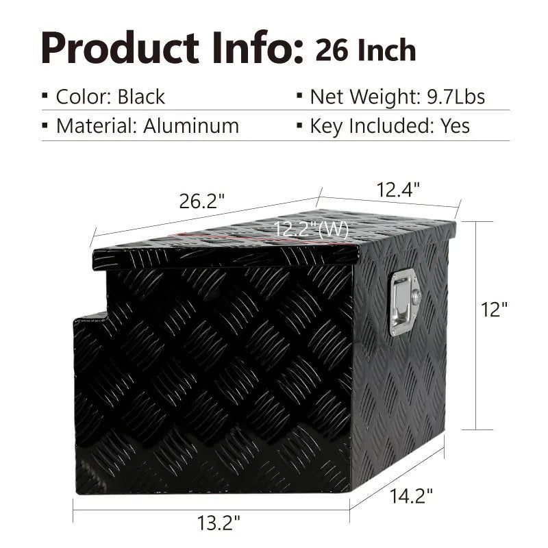 Black aluminium alloy tool case with 26-inch dimensions and T-casting design