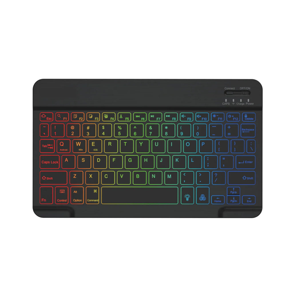 10-inch backlit Bluetooth keyboard for tablets showing eight colour options including black, white, pink, blue, green, purple, yellow, dark green