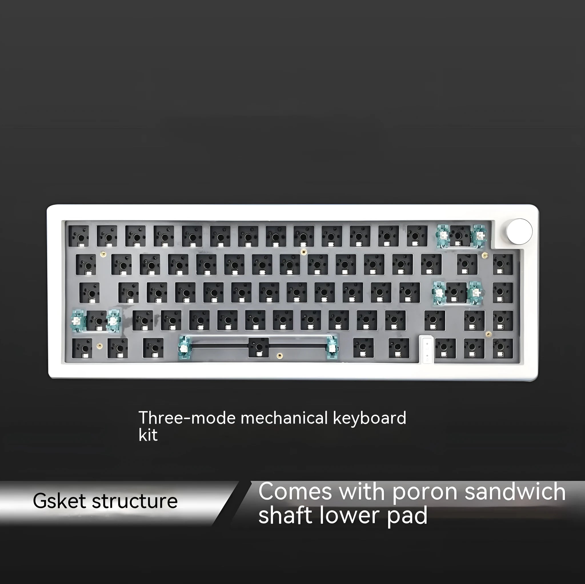 DIY mechanical keyboard kit with RGB lighting and control knob in seven colour options