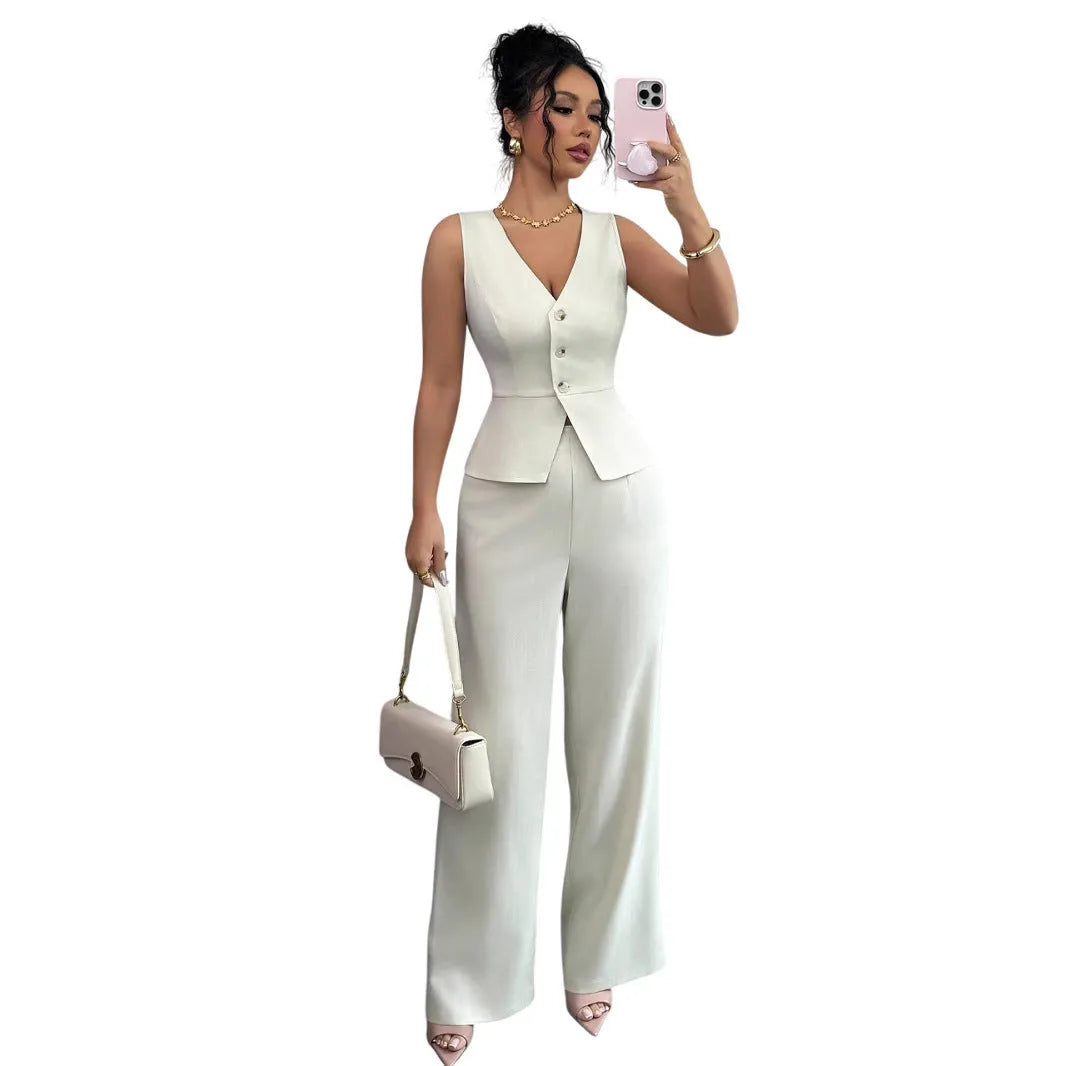 Women's solid colour sleeveless vest and high waist trousers two-piece set in Japanese Korean casual style