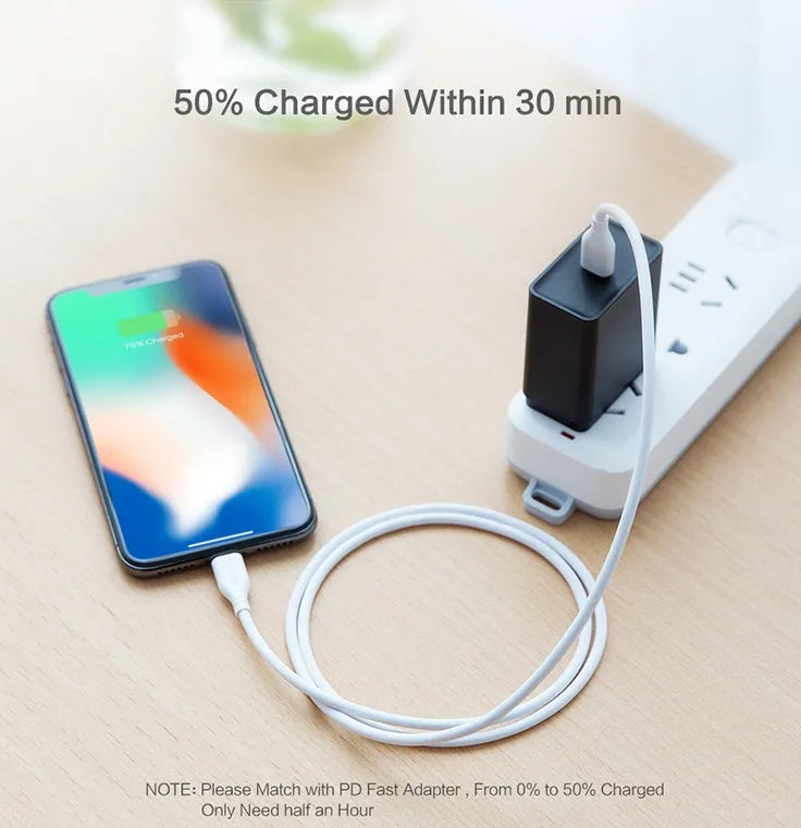 White braided USB-C to Lightning charging cable for Apple iPhone and iPad.