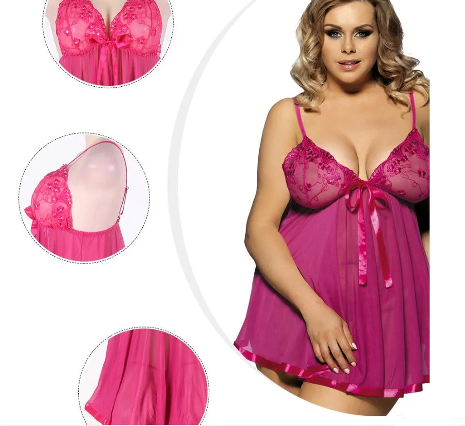 Women's purple lace sleepdress with see-through mesh construction showing lace detailing