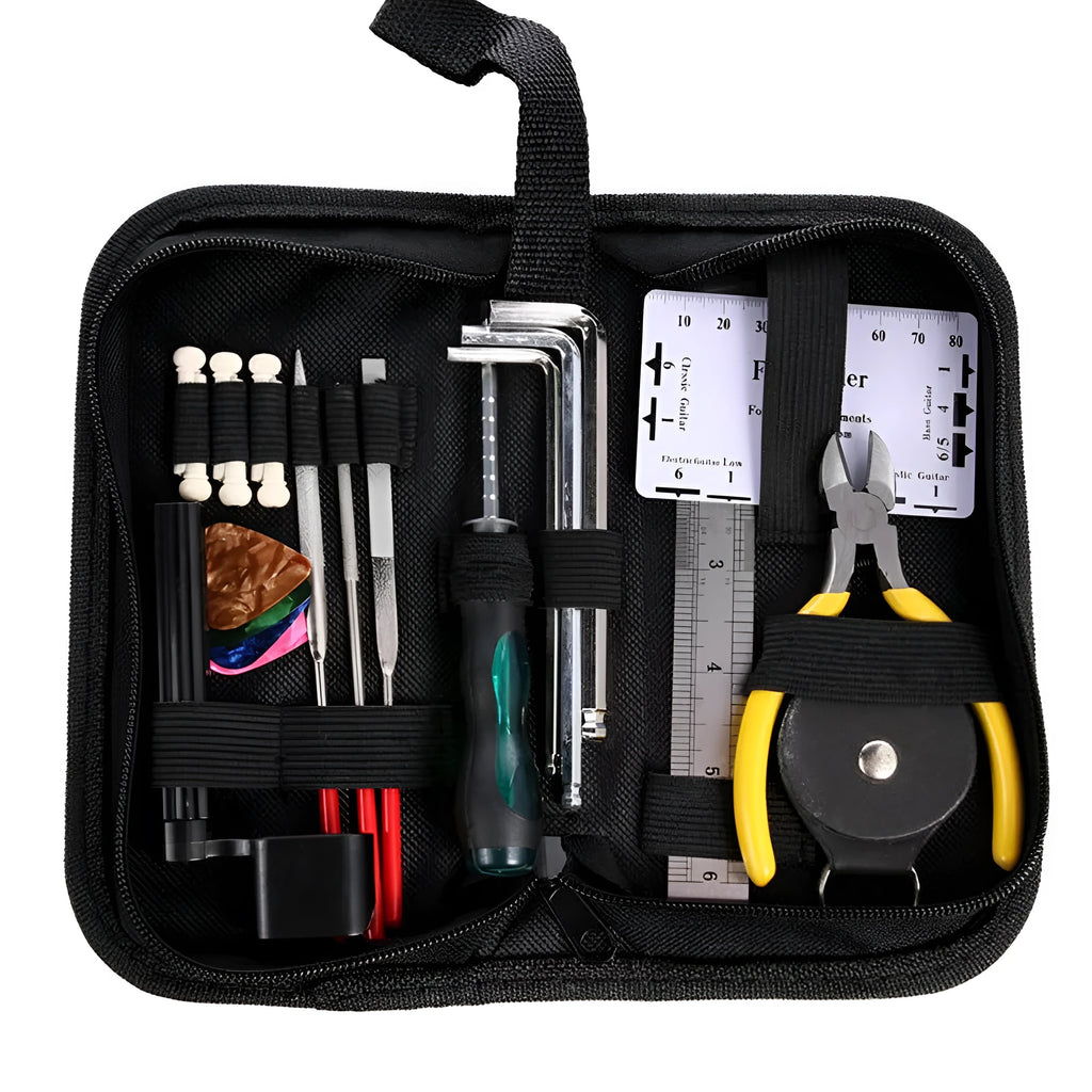 Black guitar repair tool kit open to show metal and plastic maintenance tools for guitars and other string instruments.