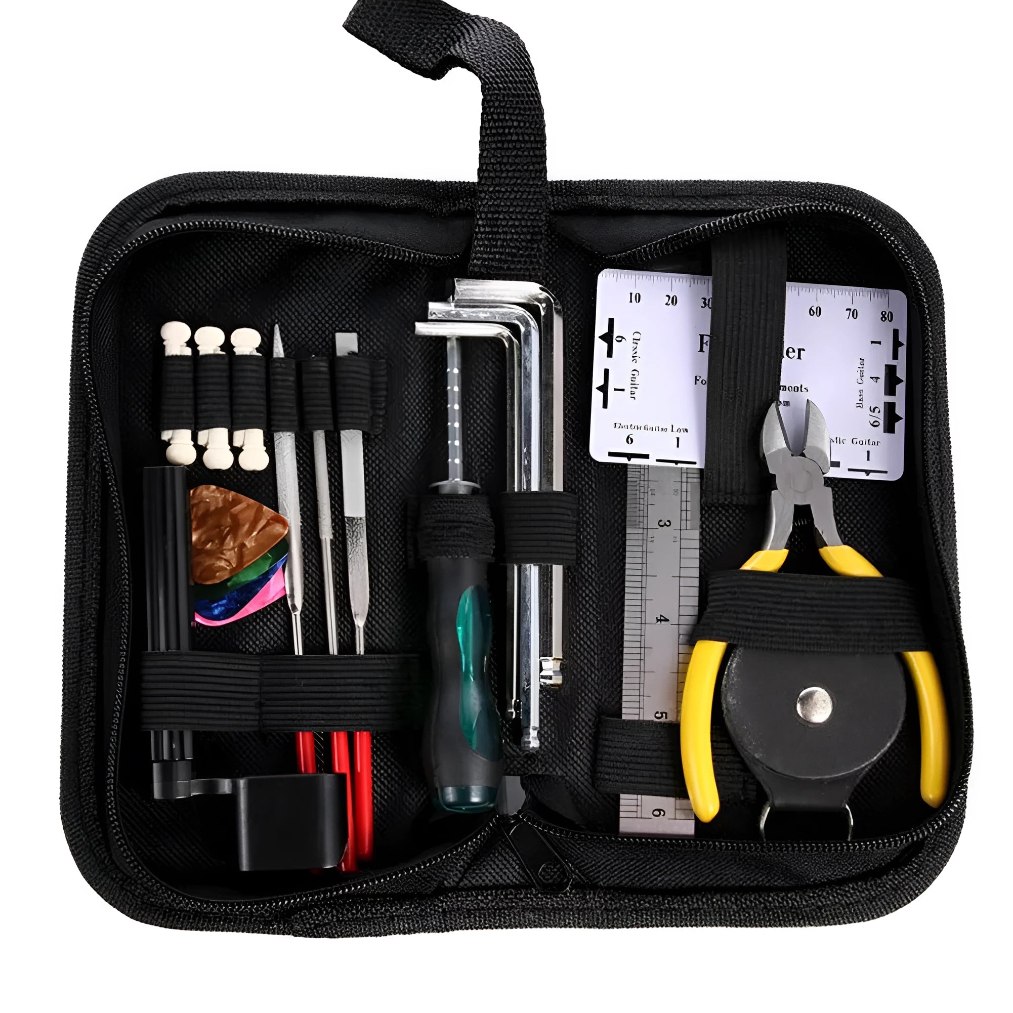 Black guitar repair tool kit open to show metal and plastic maintenance tools for guitars and other string instruments.