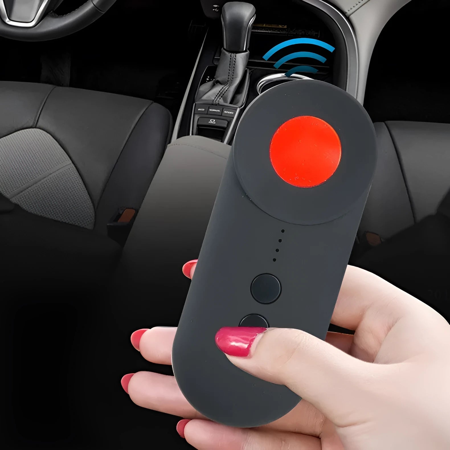 Black GPS detector measuring 93.8x38x14.5mm with micro USB port for signal and laser scanning