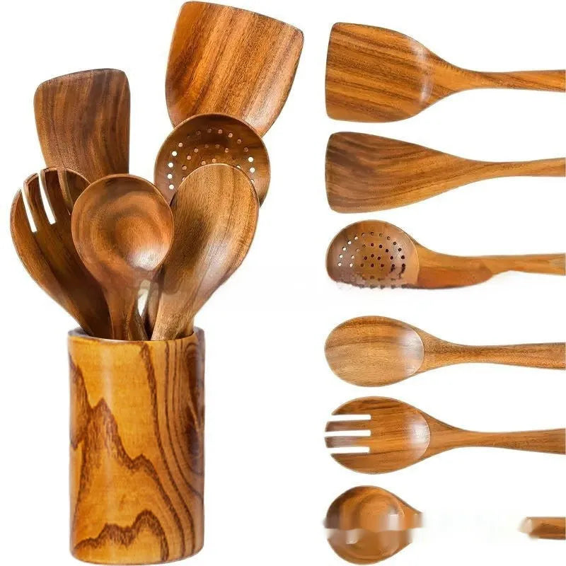 Natural beech wood 7-piece kitchen utensil set with spoons and spatulas