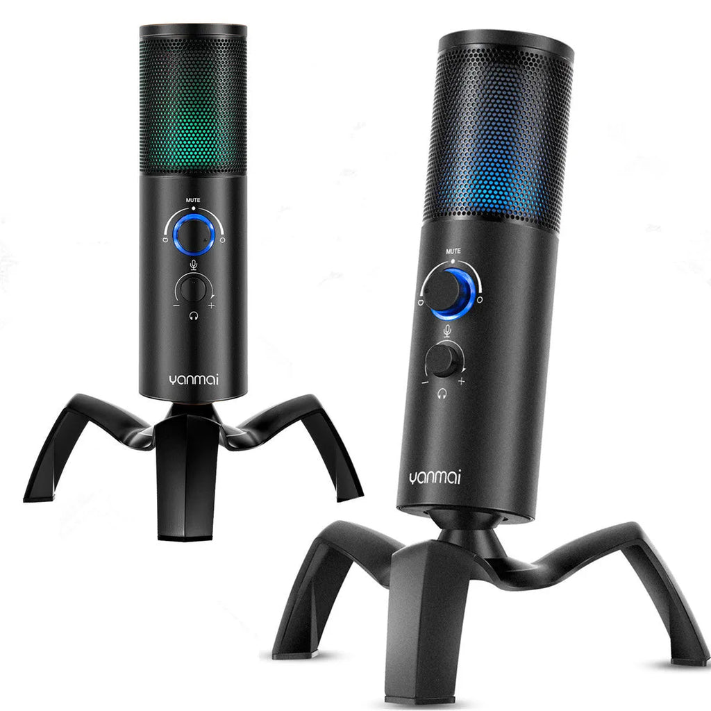 Black Q18 USB condenser microphone with metal tripod and RGB lighting effects