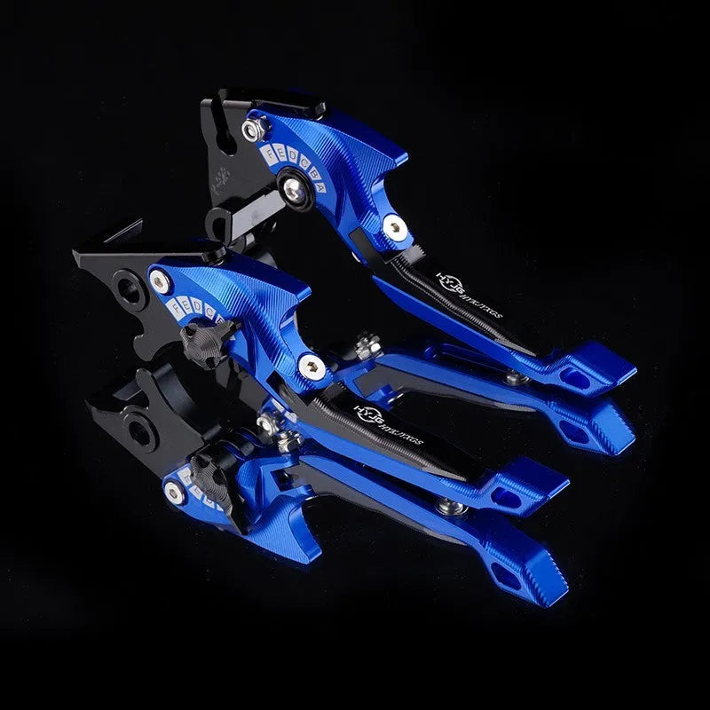 Pair of anodised metal motorcycle horn handle clutch levers with six-speed adjustable length, shown in a selection of colour finishes