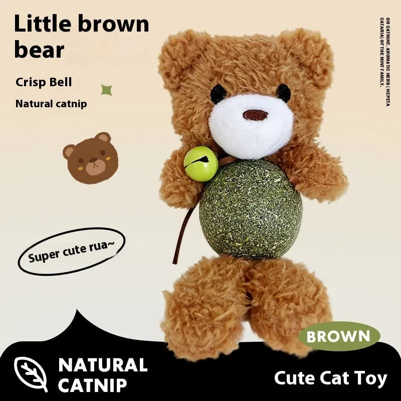 Plush catnip toy shaped as a character with bell, showing 15cm height with 4cm scent ball inside.