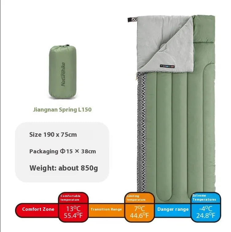 Four seasons camping sleeping bag in swamp colour, shown with its storage bag.