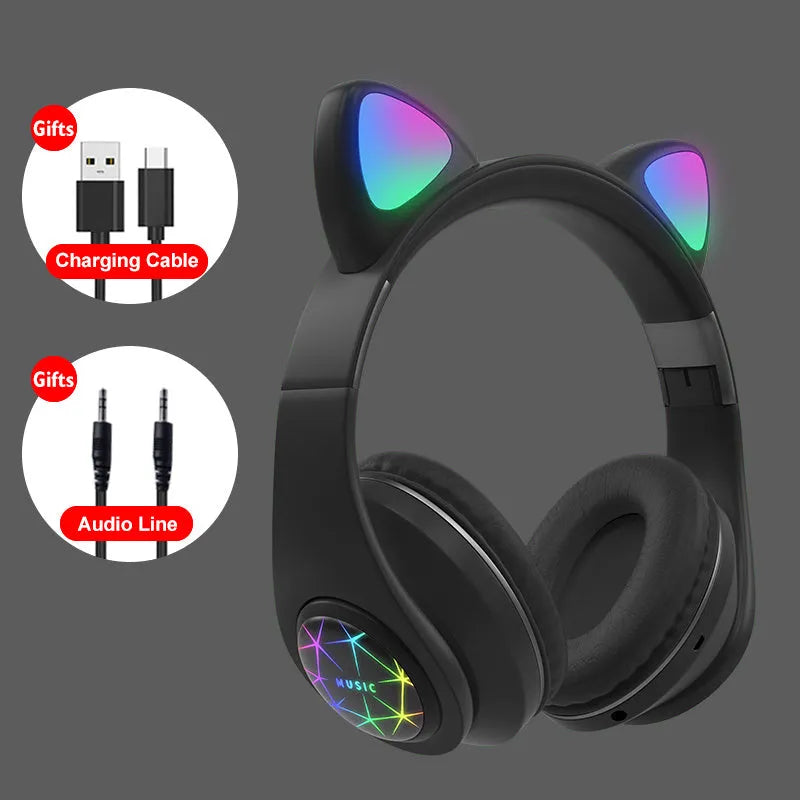 Cat ear wireless sports Bluetooth headset in various colours showing head-mounted design and earpieces