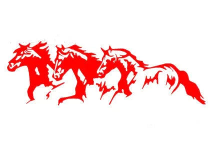 Galloping horse design car body sticker decal in black, white, red, or blue, measuring 25 by 8 centimetres.