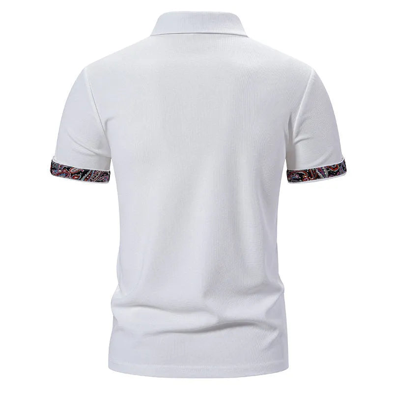 Men's white short sleeve polo shirt with colour stitching on the turnover neck collar