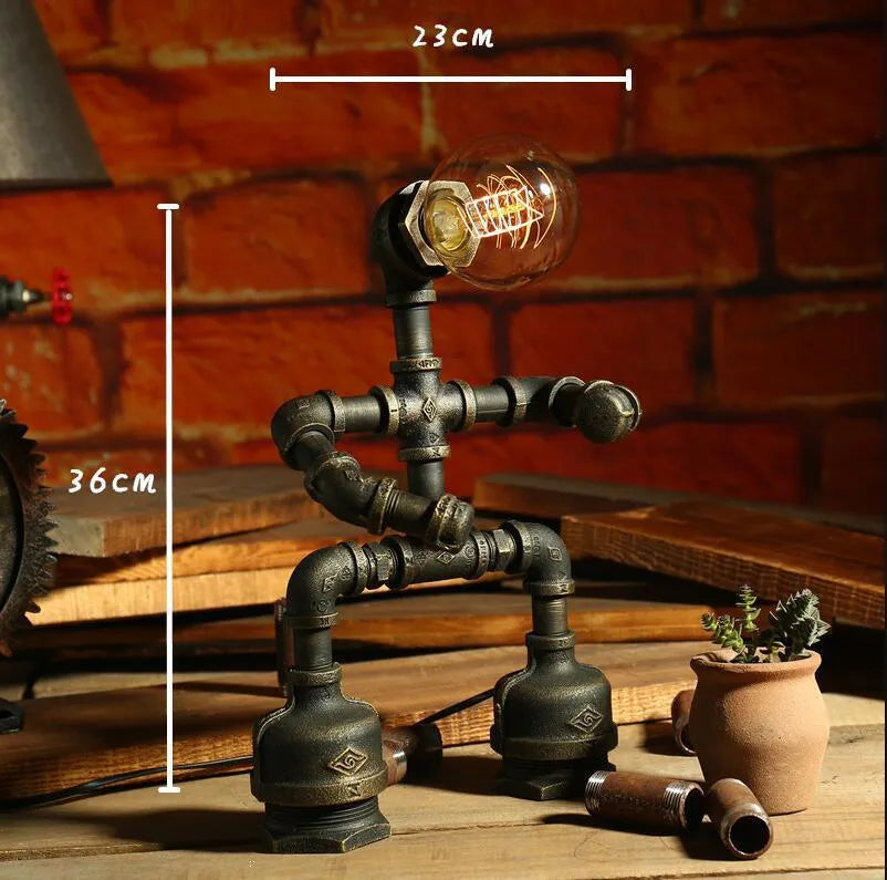 Vintage industrial robot table lamp with iron pipe design and water pipe light filtering