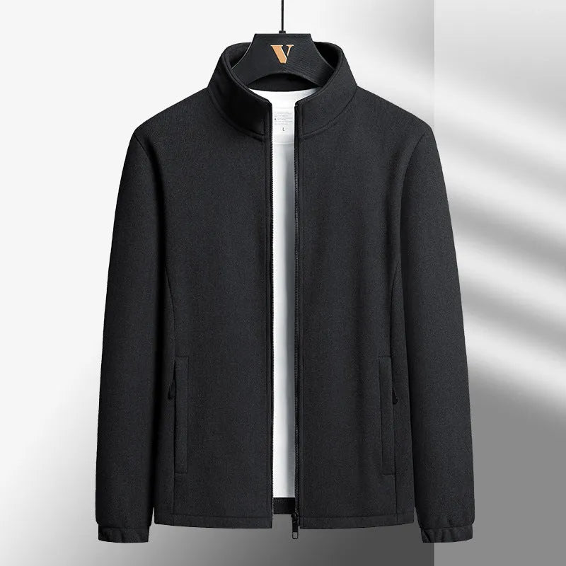 Men's grey Berber fleece zip-front coat with stand-up collar and zippered pockets.