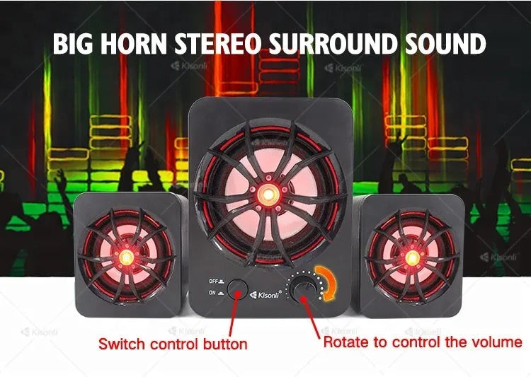 Green U-2600 mini portable 2.1 USB computer speaker with LED lights and dual connectivity ports