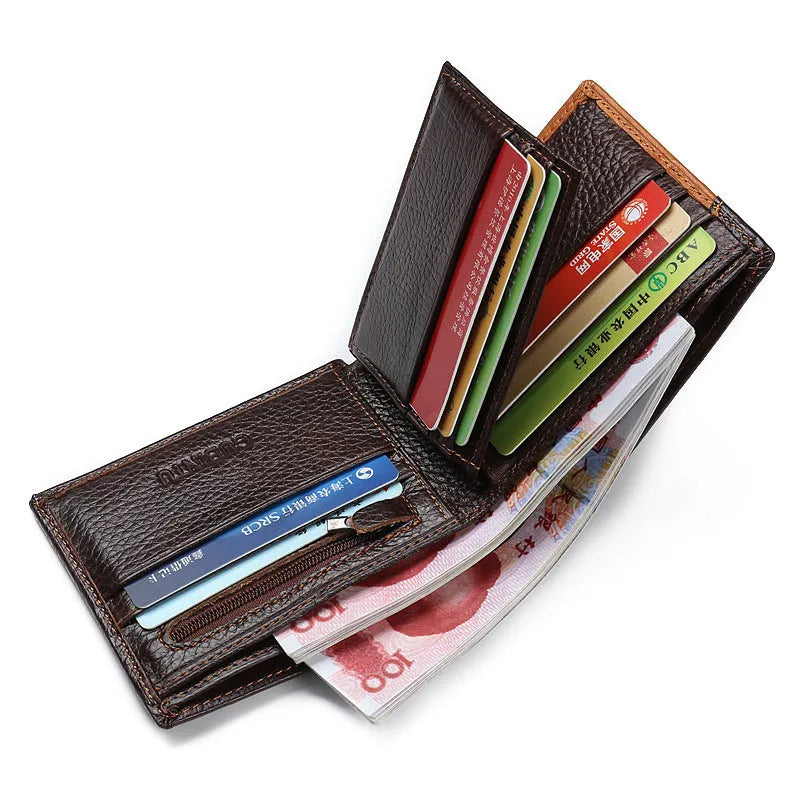 Korean style men's wallet in cowhide leather with personality stitching and multiple compartments