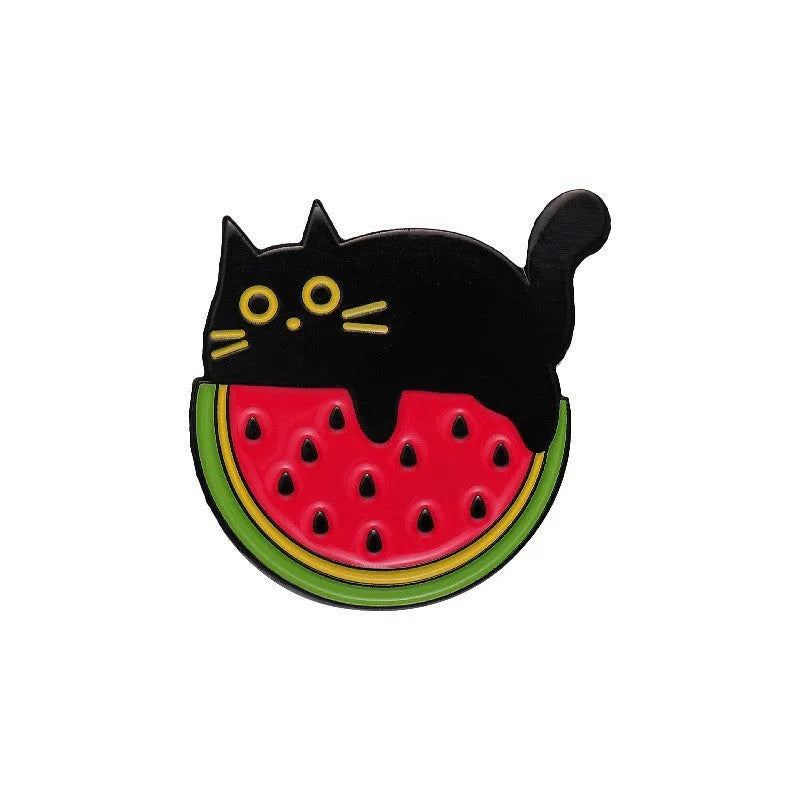 Colourful cartoon fruit design on a silver-toned zinc alloy metal brooch with pin clasp.