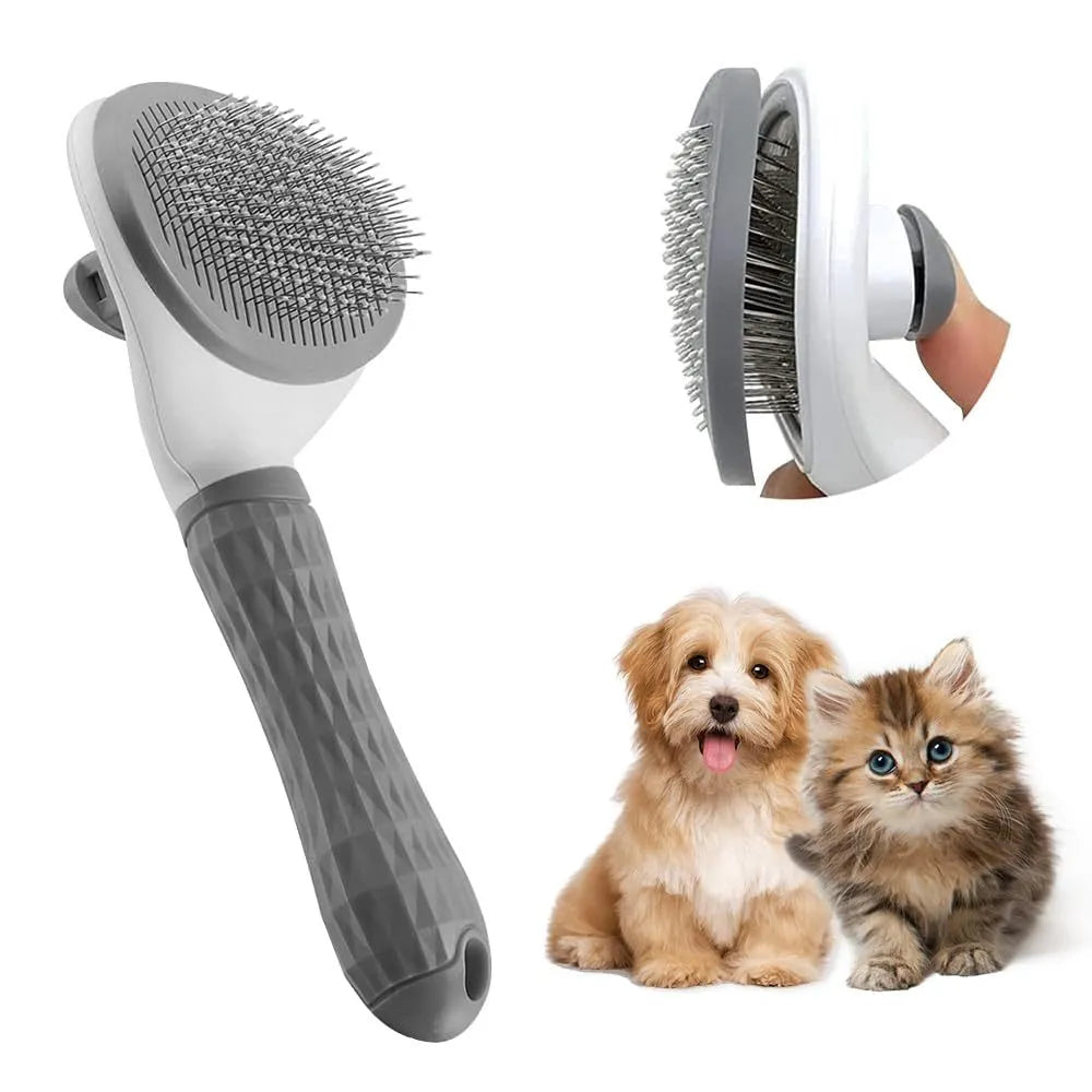 Cat grooming brush with release button in blue, grey, or pink colours for removing loose fur and tangles