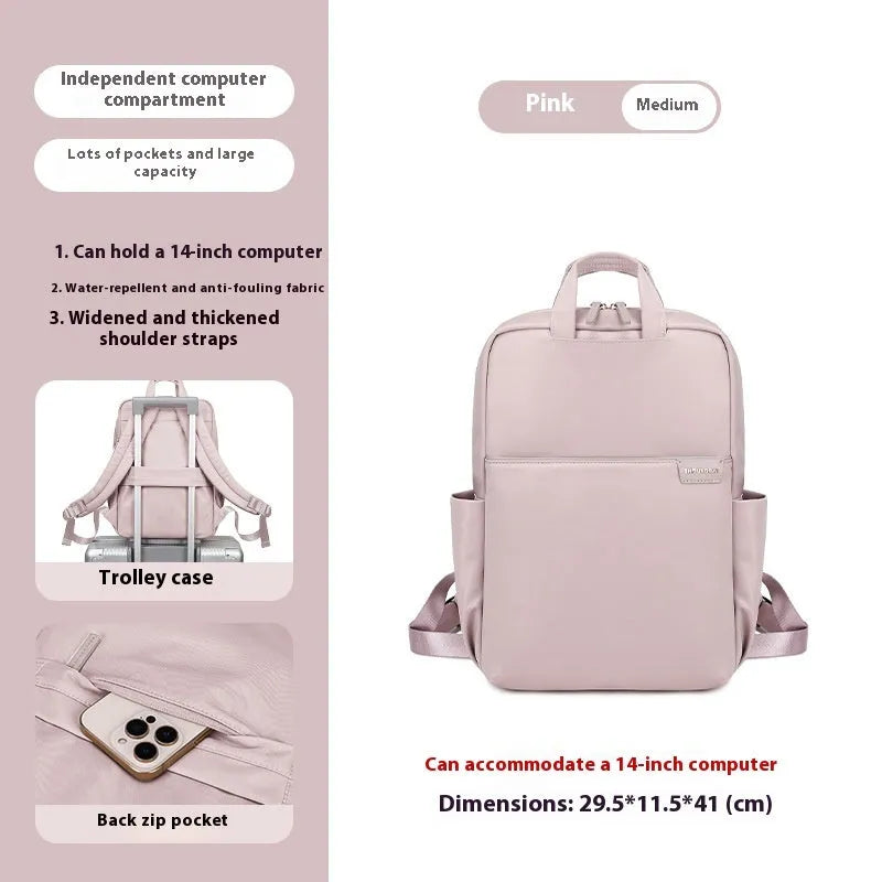 Simple canvas women's travel backpack in apricot colour with multiple compartments and sandwich pocket