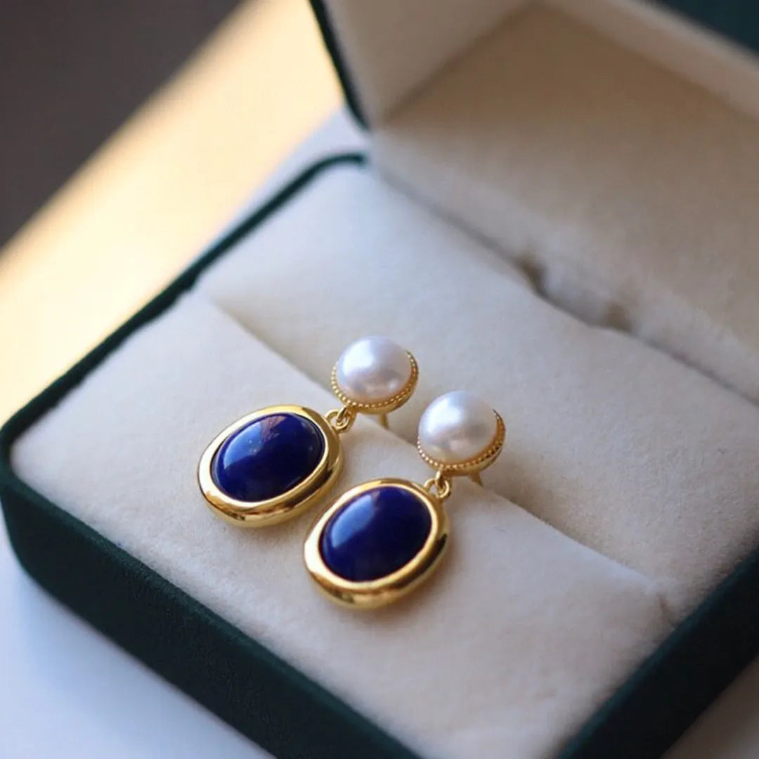 925 sterling silver earrings with natural lapis lazuli pearl and auspicious patterns