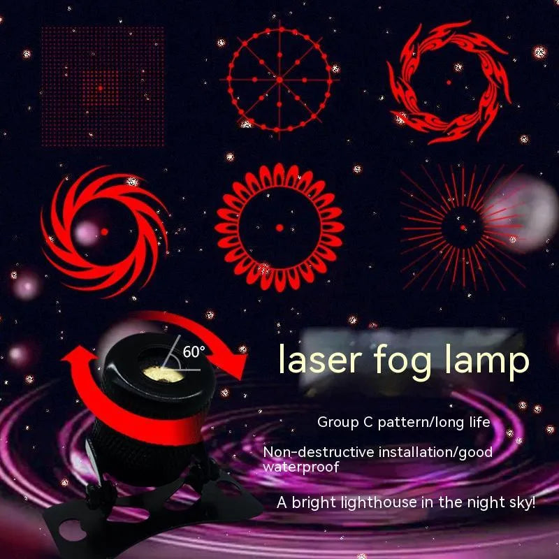 Universal vehicle laser fog lamp in aluminium housing with red laser, shown with screws and mounting tape.