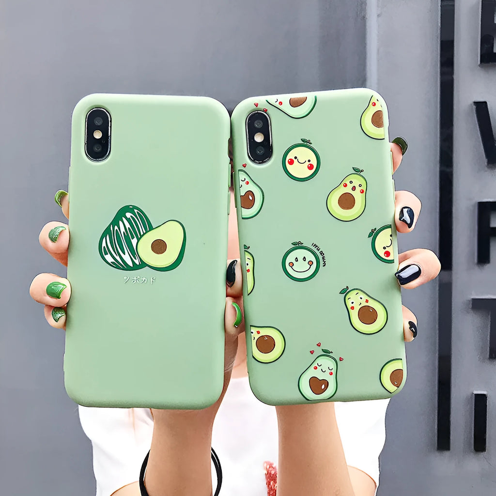 Flexible TPU phone case with colourful painted cartoon avocado design for iPhone.