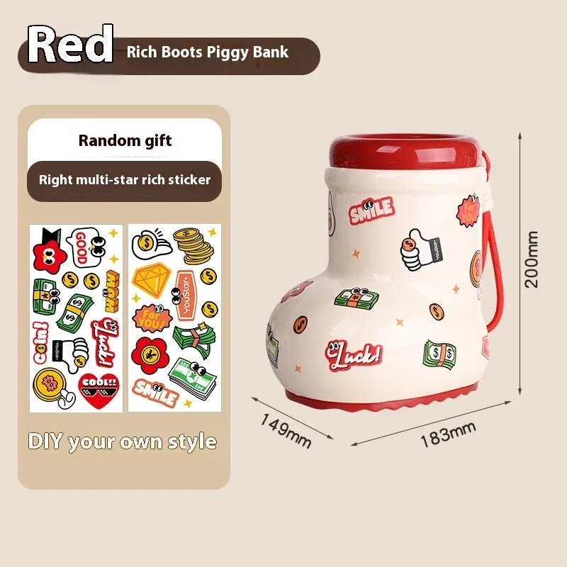 Red and brown cartoon-style desktop storage organiser with grid pattern and sticker set for labelling.