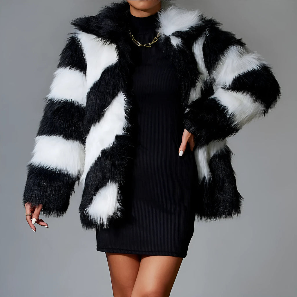 Fur coat with contrast colour lapel and removable faux fur collar in polyester fabric