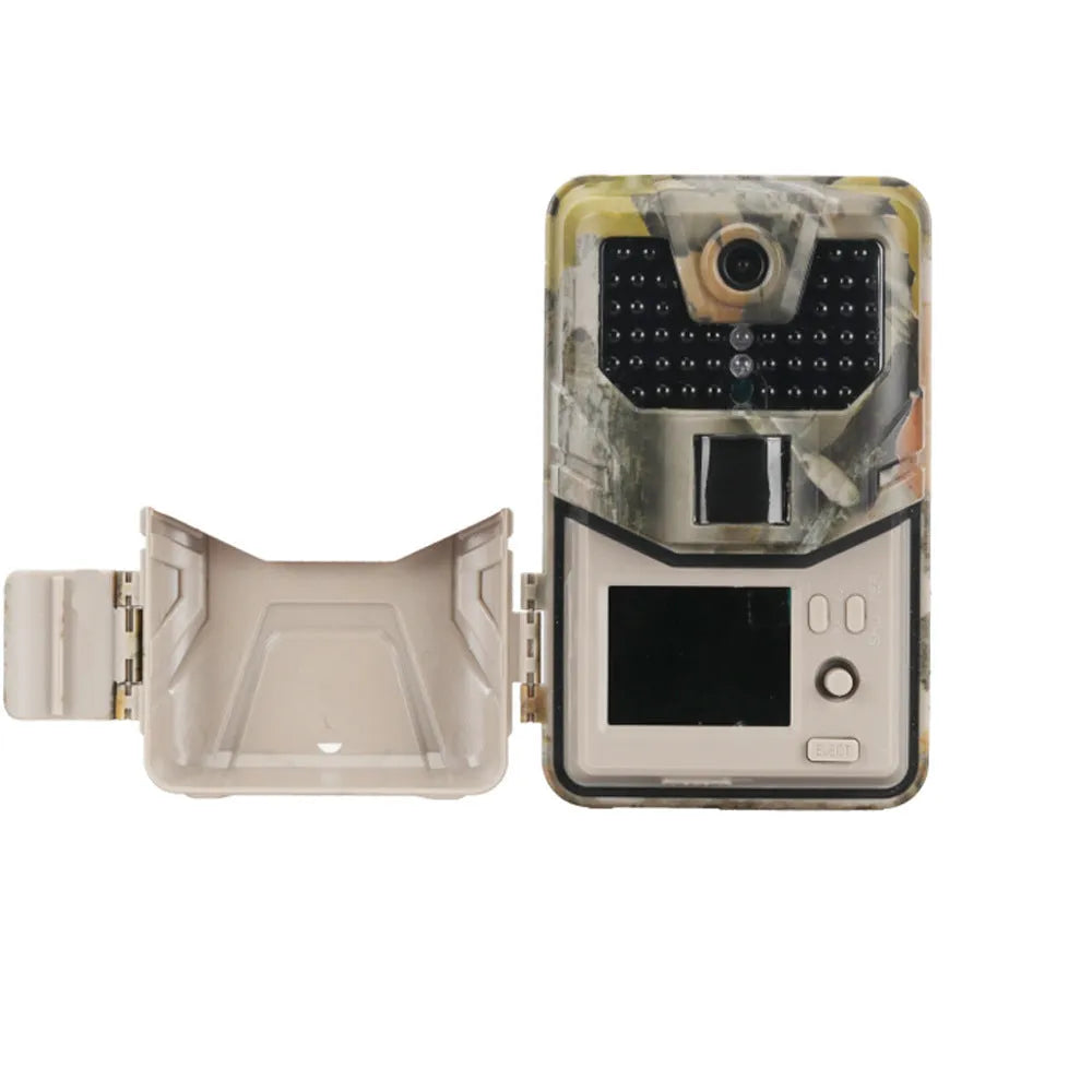 Camouflaged outdoor trail camera showing lens, infrared LEDs, and compact body for wildlife and security monitoring.