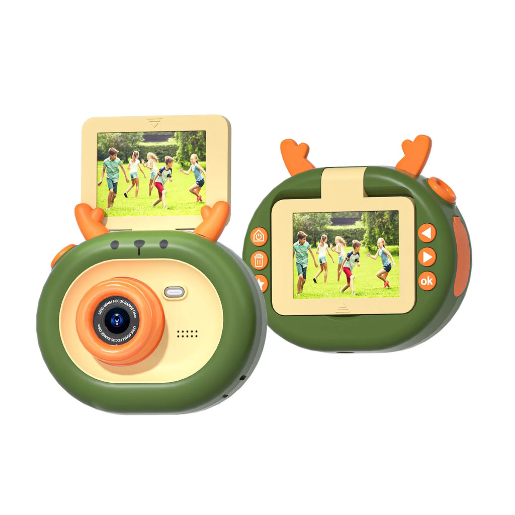 Purple and dark green children's digital camera with flip screen showing game interface and USB charging cable