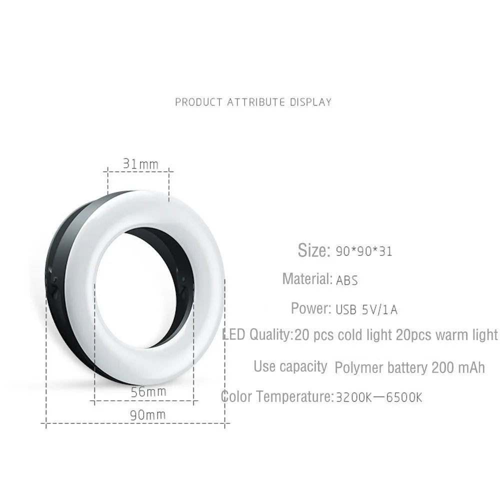 Black USB rechargeable selfie ring light for mobile phone photography and video