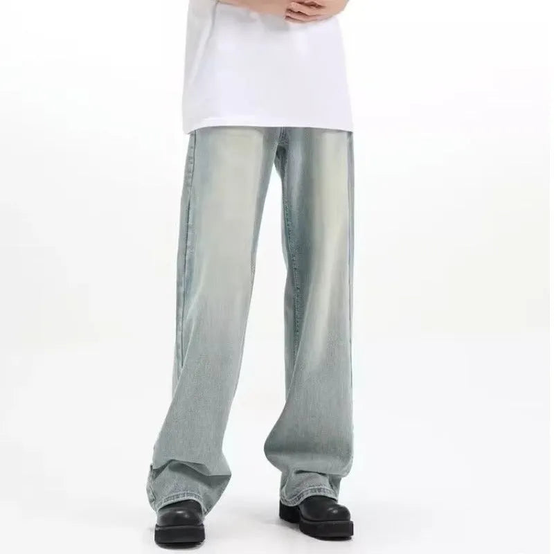 Blue retro-style loose casual trousers made from rabbit fur fabric on a plain background.