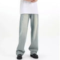 Blue retro-style loose casual trousers made from rabbit fur fabric on a plain background.