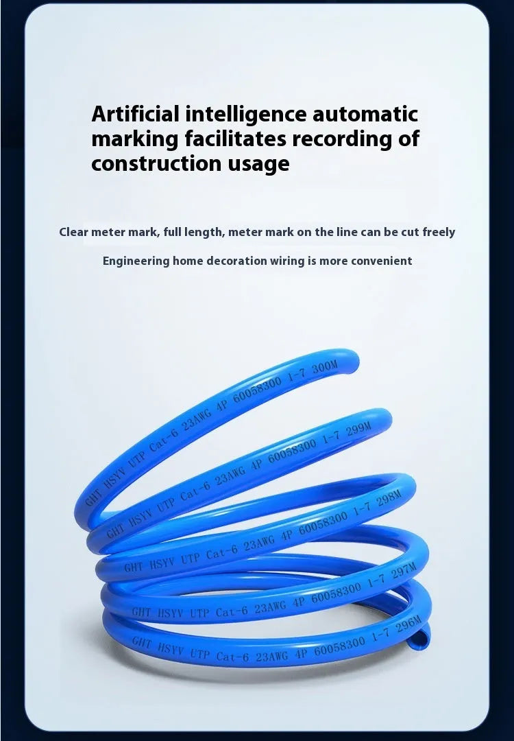 A box of blue 305-metre long Cat6/Cat6a oxygen-free copper network cable on a reel.