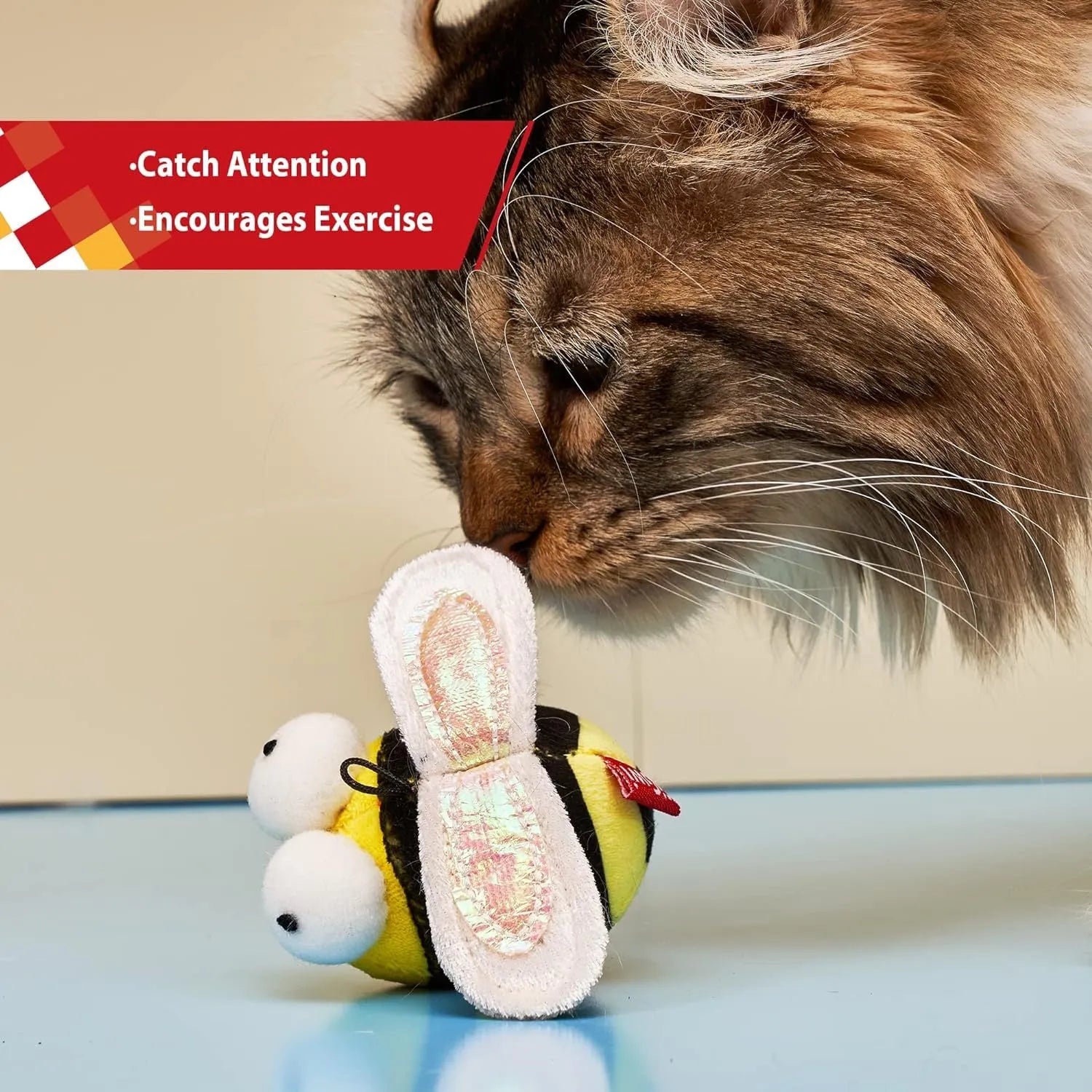 Yellow bee-shaped electronic cat toy with motion-activated squeaking sounds for interactive indoor play