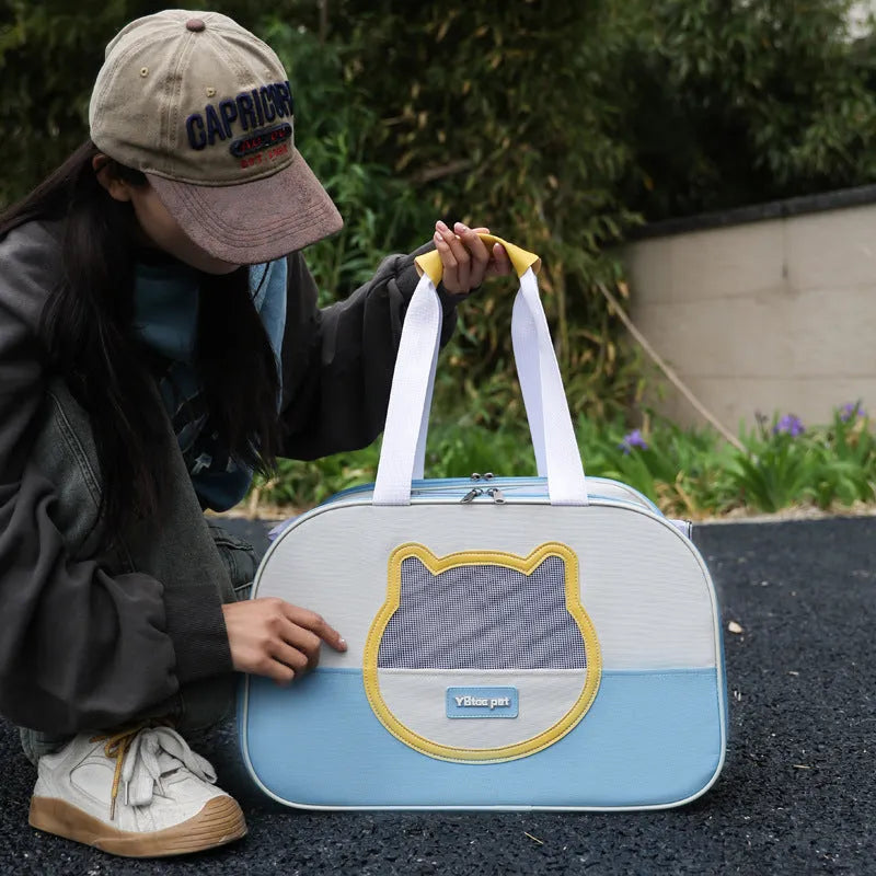 Outdoor portable foldable cat backpack pet carrier in Oxford cloth with contrast colour pattern